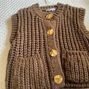 Zara Brown Knit Sweater Vest with Gold Buttons
